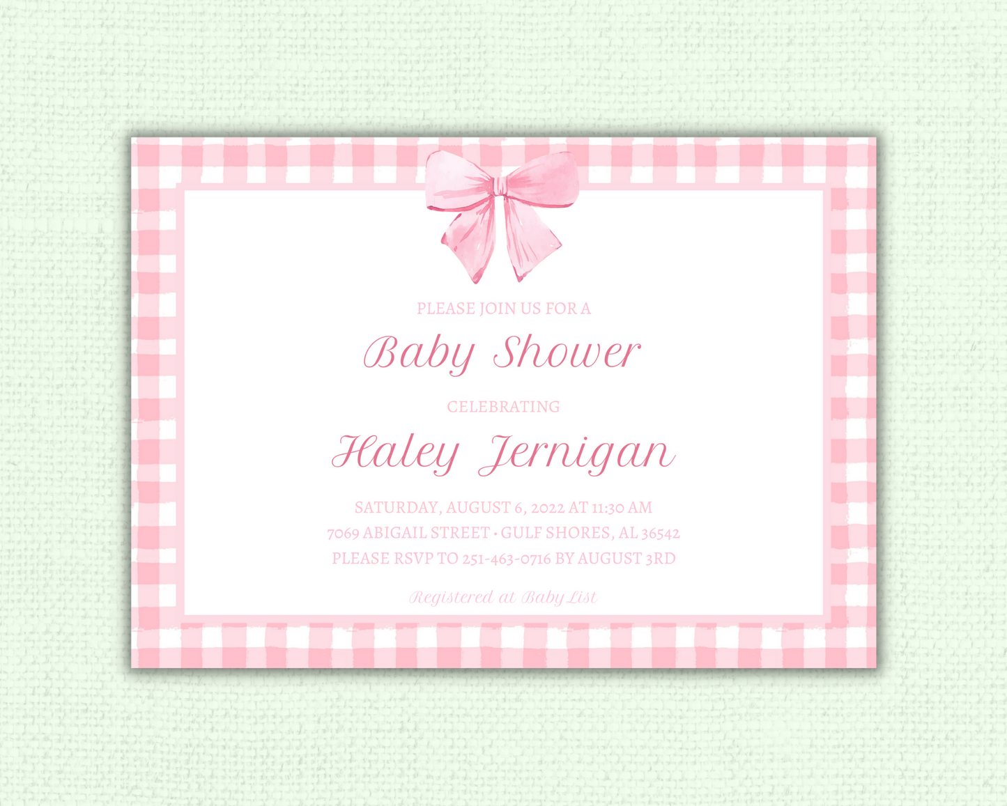 Pink Gingham Baby Shower Invitation