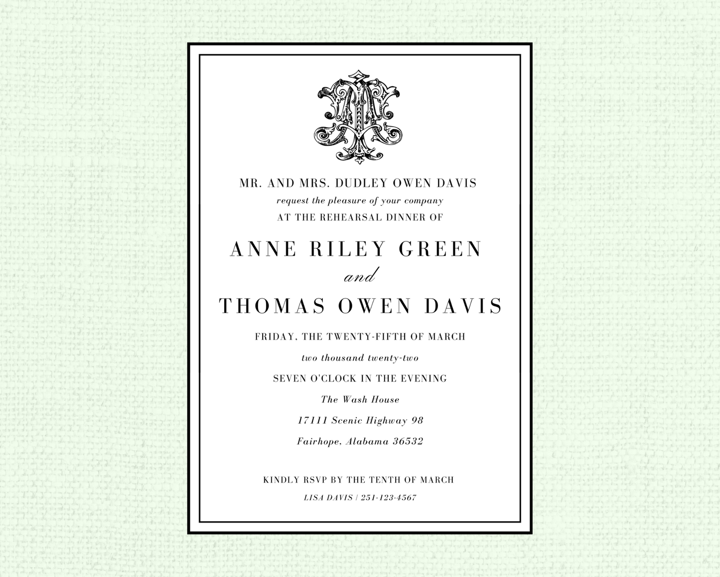 Black and White Wedding Rehearsal Invitation
