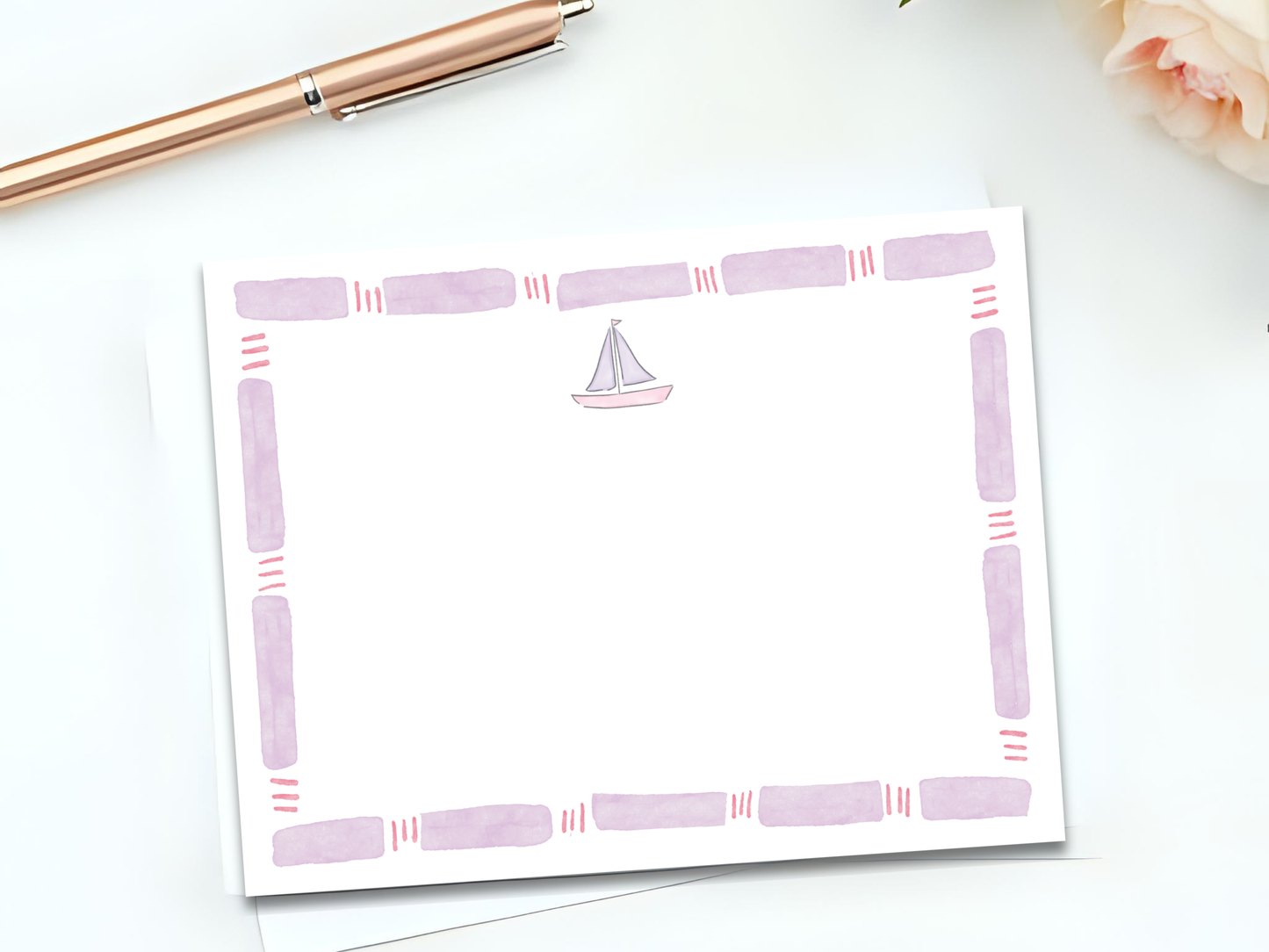 Personalized Stationery Set - Bamboo Frame and Pastel Sailboat