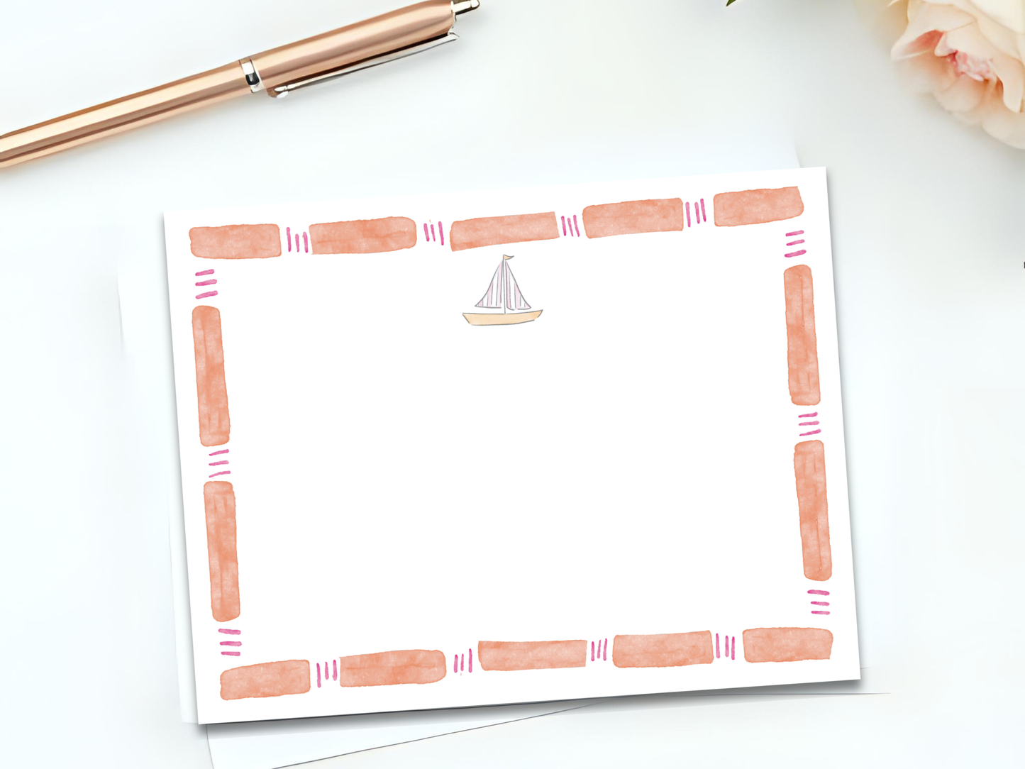 Personalized Stationery Set - Bamboo Frame and Pastel Sailboat