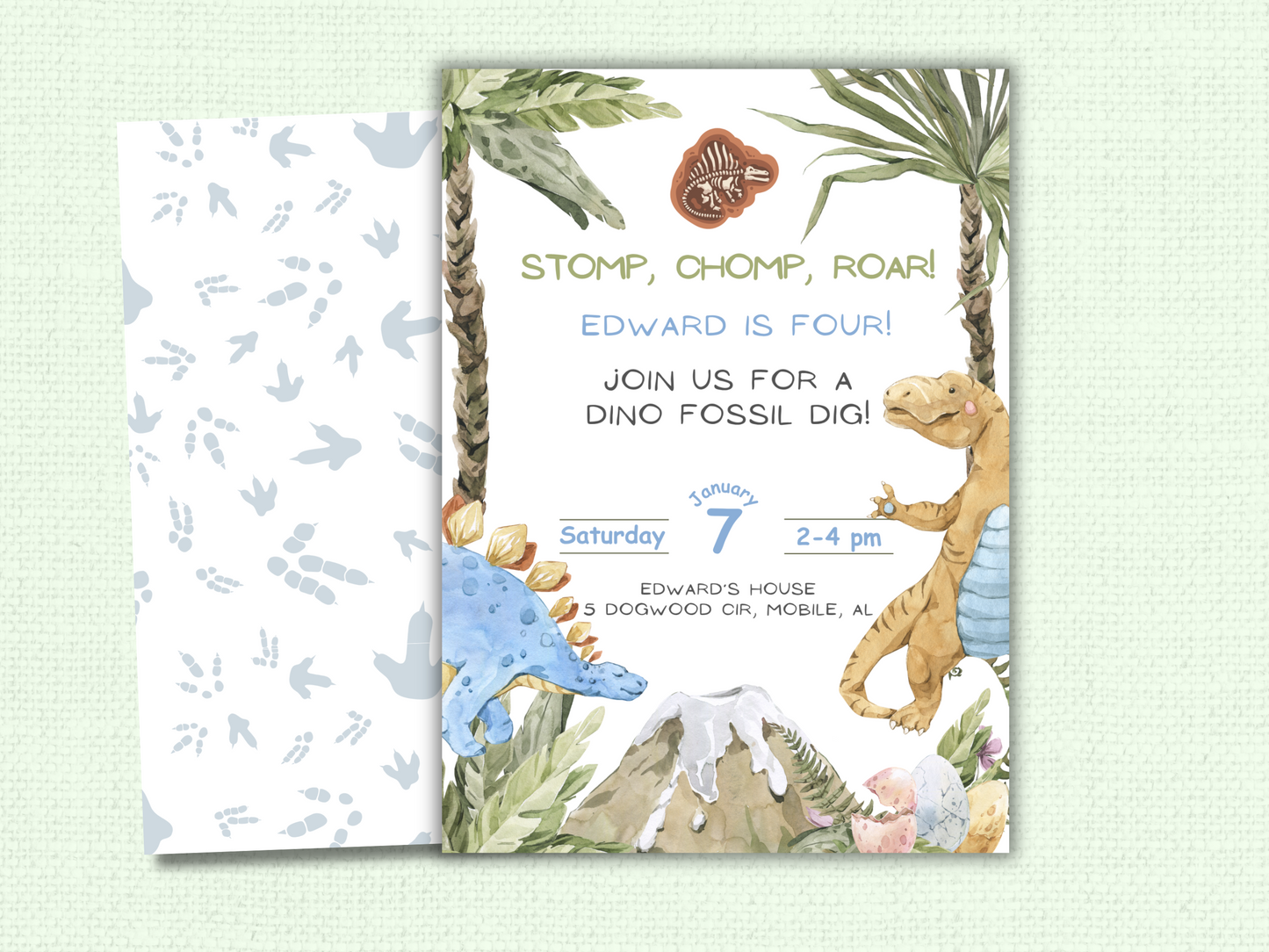 Stomp, Chomp, Roar! Dinosaur Birthday Party Invitation