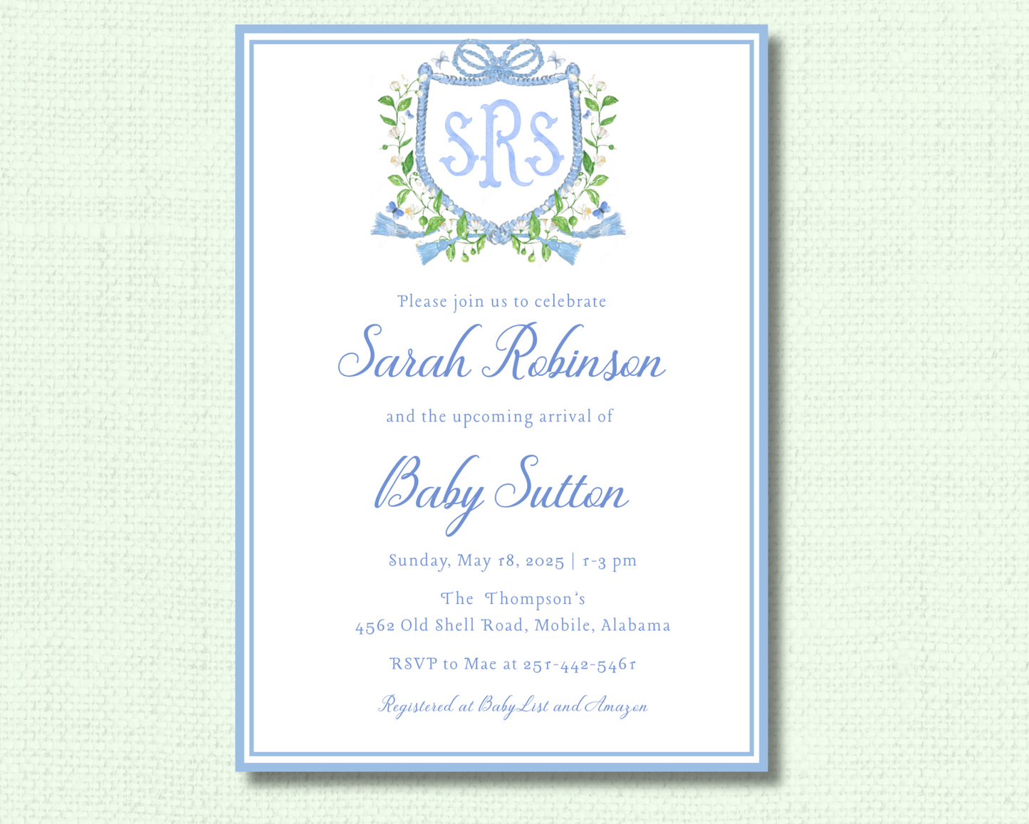 Floral Blue Crest Baby Shower Invitation