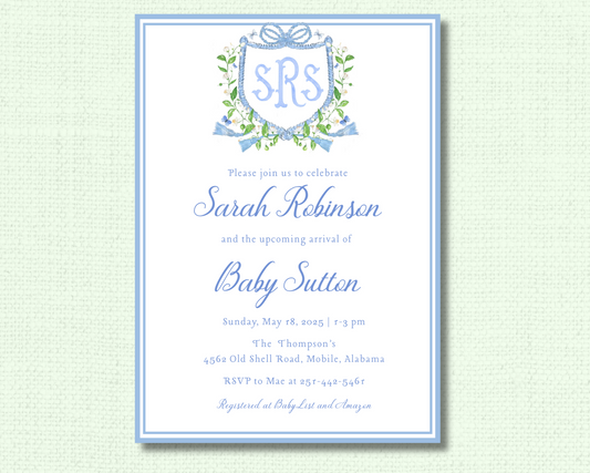Floral Blue Crest Baby Shower Invitation