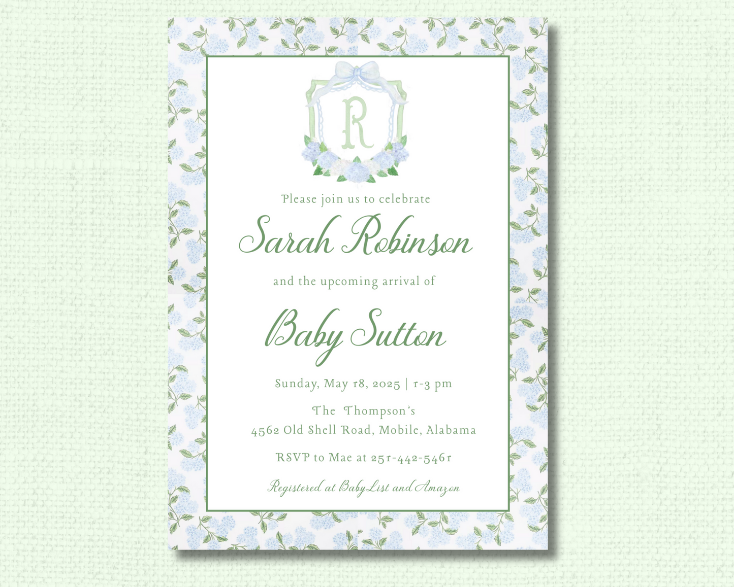 Hydrangea Crest Baby Shower Invitation