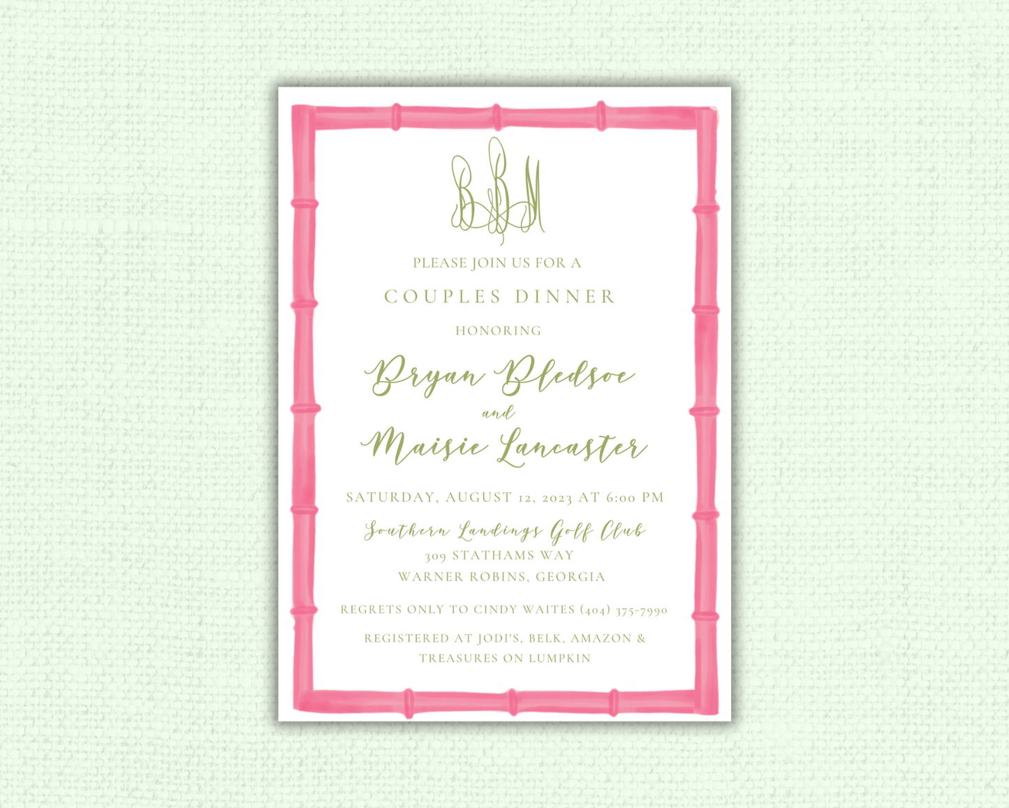 Pink Bamboo Bridal Luncheon Invitation