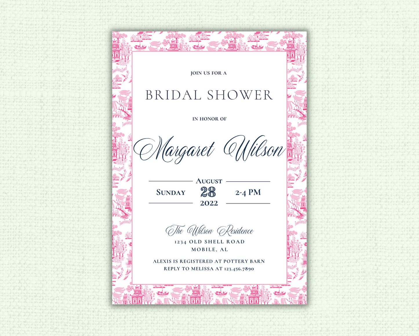 Pink Toile Bridal Luncheon Invitation