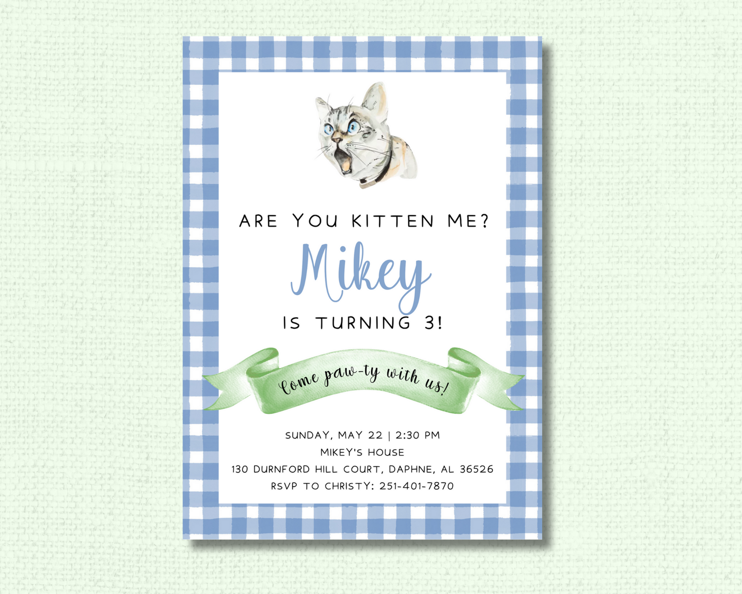 Blue Kitten Party Invitations - Are you kitten me?
