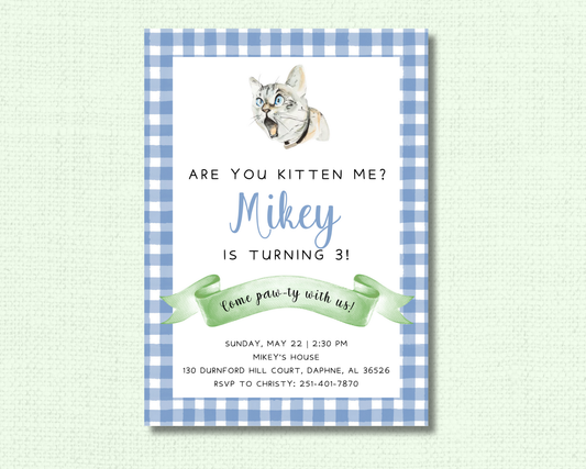 Blue Kitten Party Invitations - Are you kitten me?