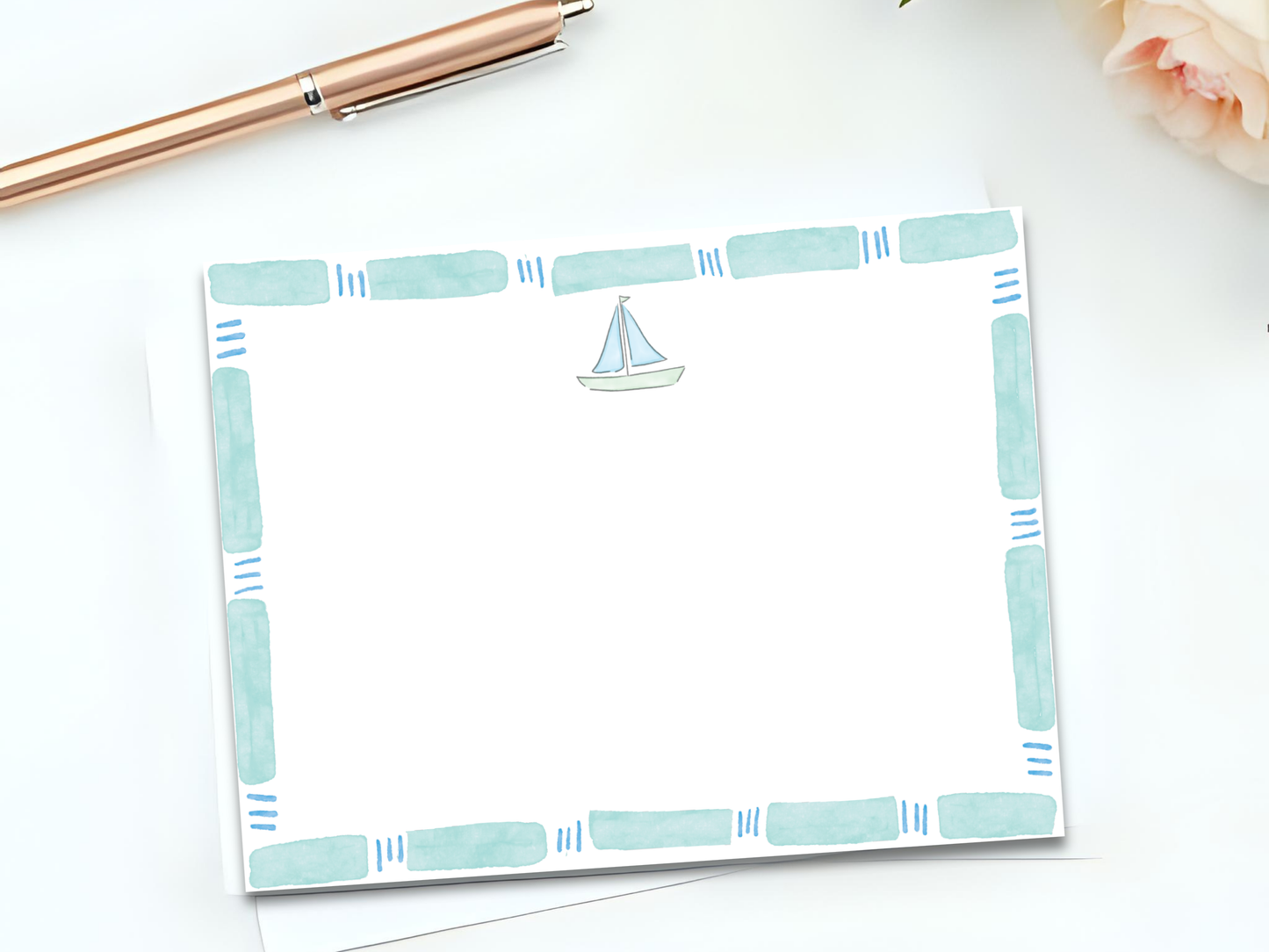 Personalized Stationery Set - Bamboo Frame and Pastel Sailboat