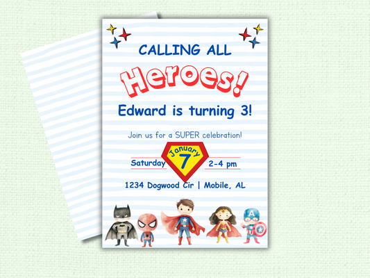 Superhero Birthday Party Invitation - Boy or Girl Superhero Party